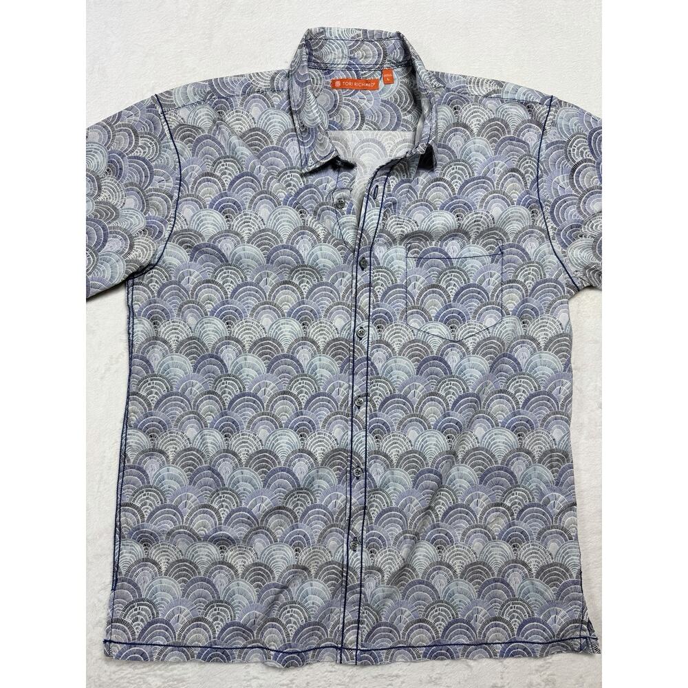Tori Richard - Blue wave fan print button front short sleeve shirt, XL